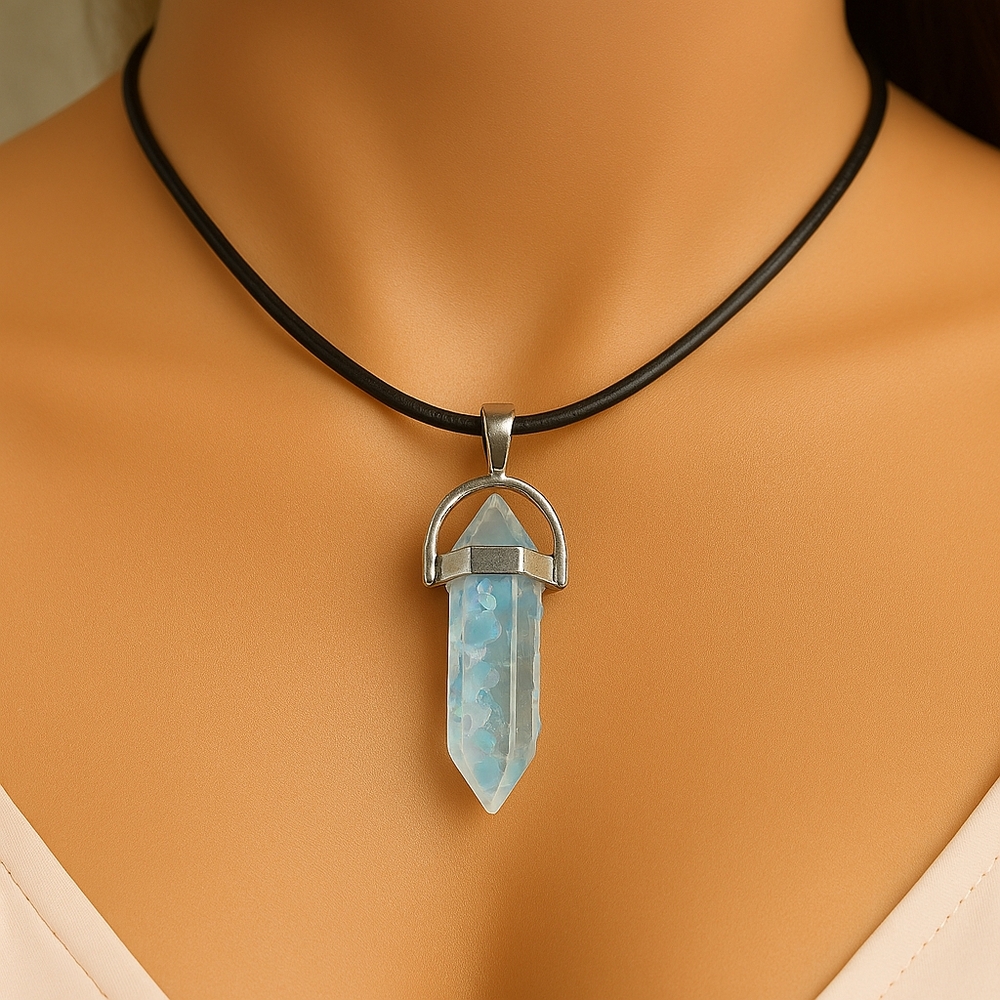 Blue Glitter Resin Point Necklace – Silver-Tone Crystal Pendant, 18'' Black Cord